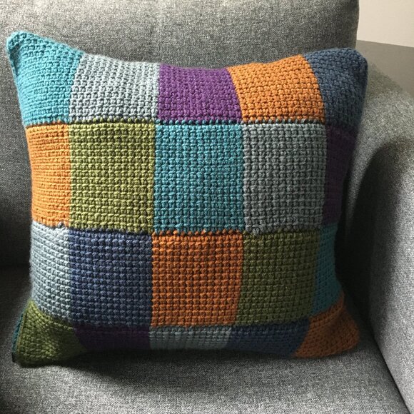 Handmade Tunisian Crocheted Multi-Colored Square Checkerboard Accent Pillow - Picture 16 of 16